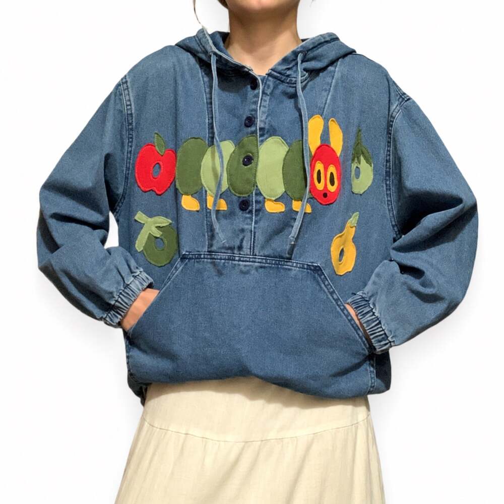 Very Hungry Caterpillar Upcycled Blue Denim Patchwork Hoodie M